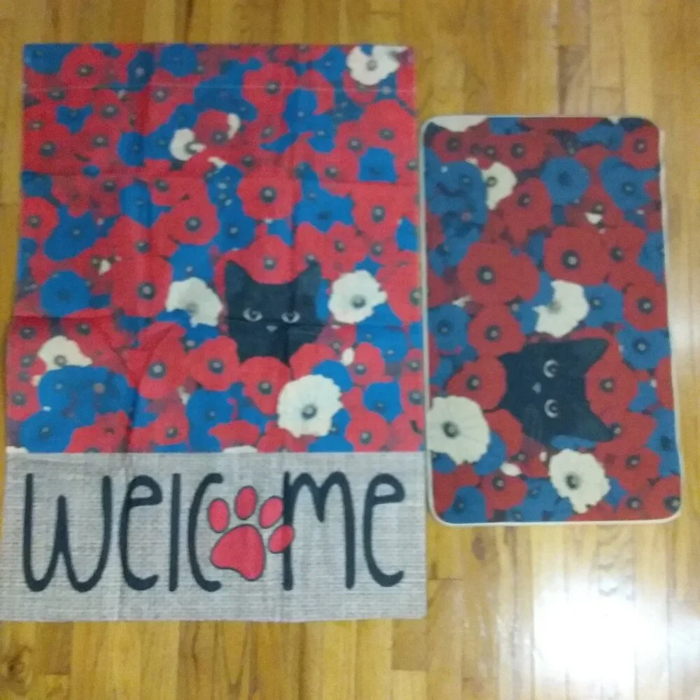 Cute Black Cat with Poppies House Flag and Rug